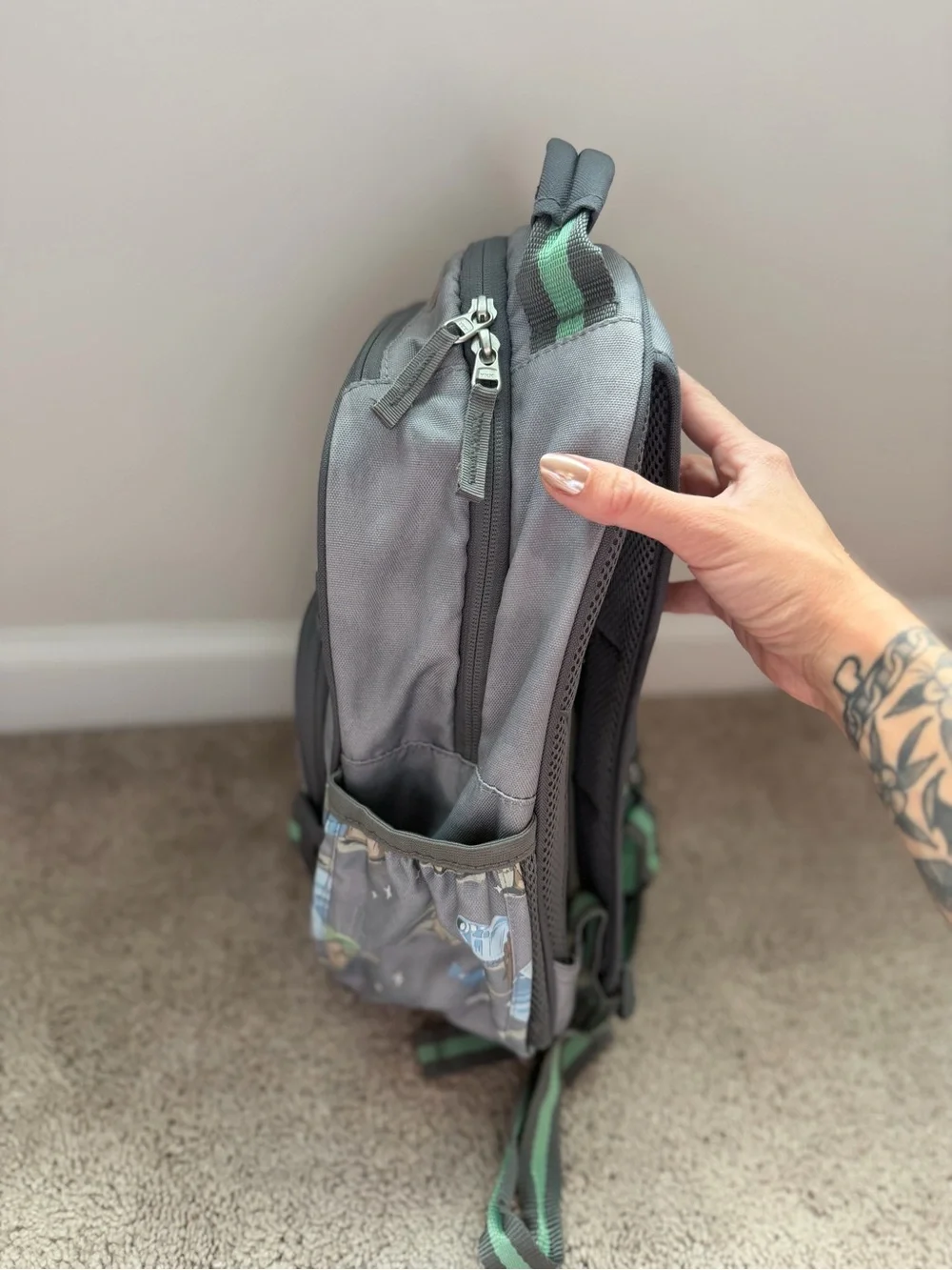 Pottery Barn Kids Gray Backpack with Green Accent Straps featuring Grogu Print